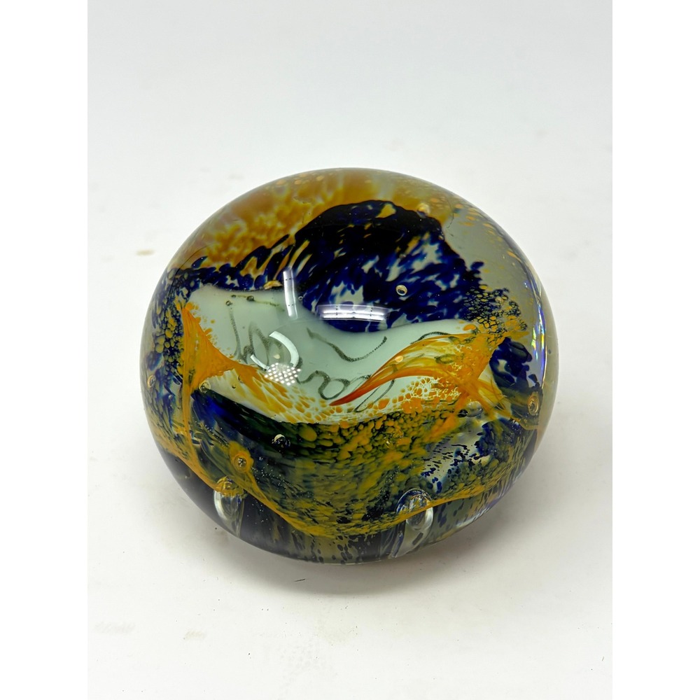 Antique Art Glass Paperweight Eleanor Name Souvenir Blue Yellow Spatter Glass - Picture 4 of 5